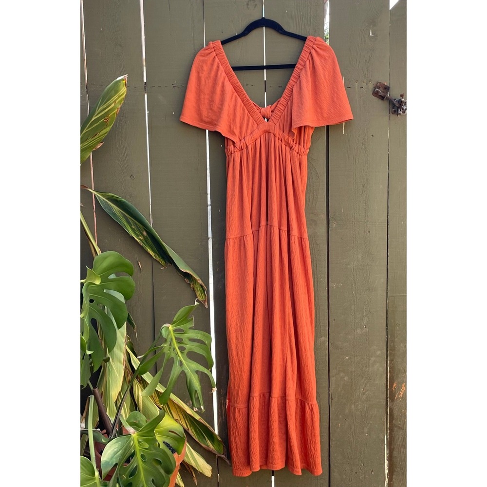 Free People FP Beach Maxi Dress XS Orange Textured Tiered Tie Back Boho Coquette